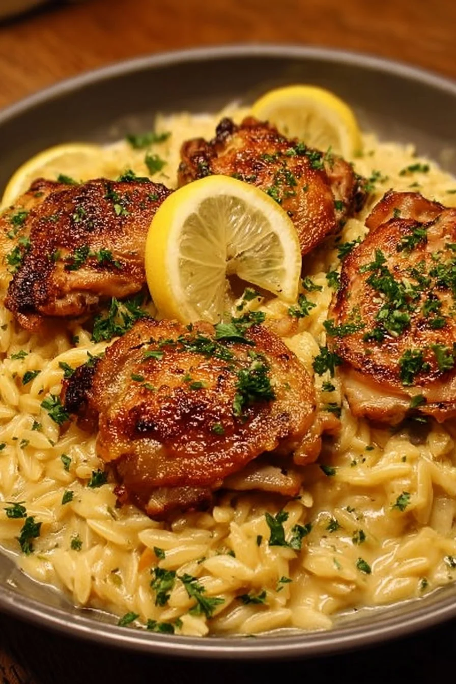 Delicious chicken thighs with creamy lemon garlic orzo served on a plate