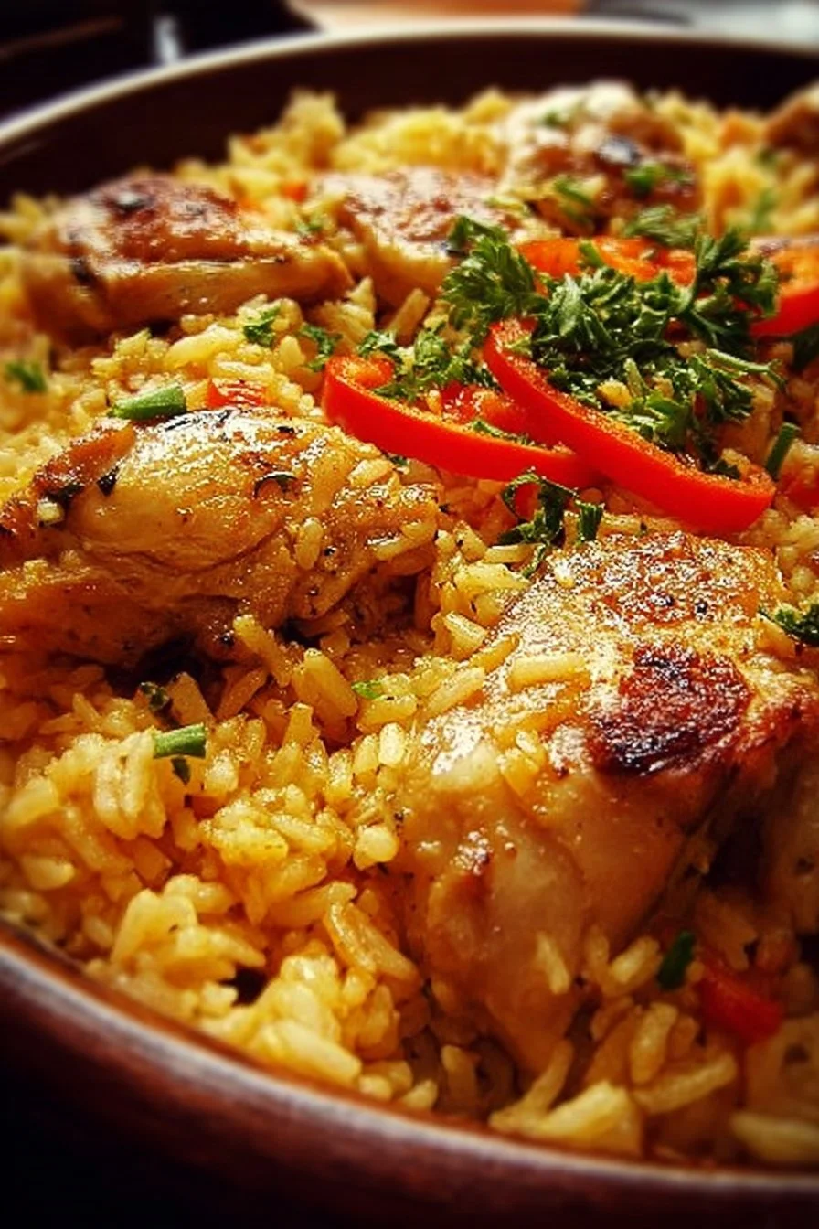 Delicious chicken with rice dish garnished with herbs