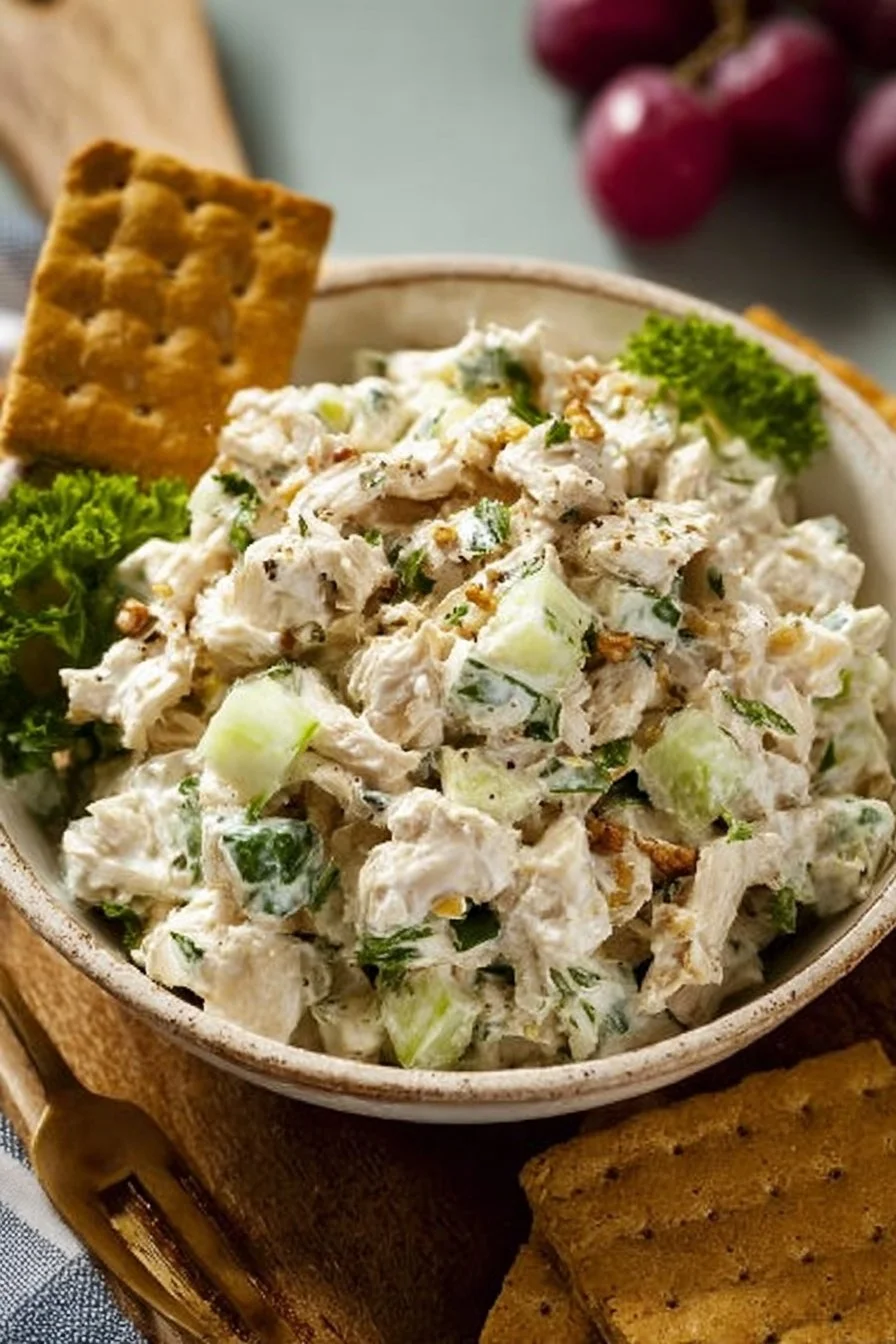 A bowl of classic chicken salad with fresh vegetables, herbs, and dressing.