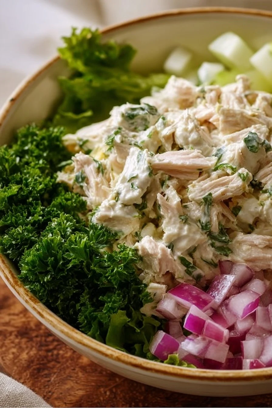 Bowl of classic chicken salad with fresh vegetables and herbs