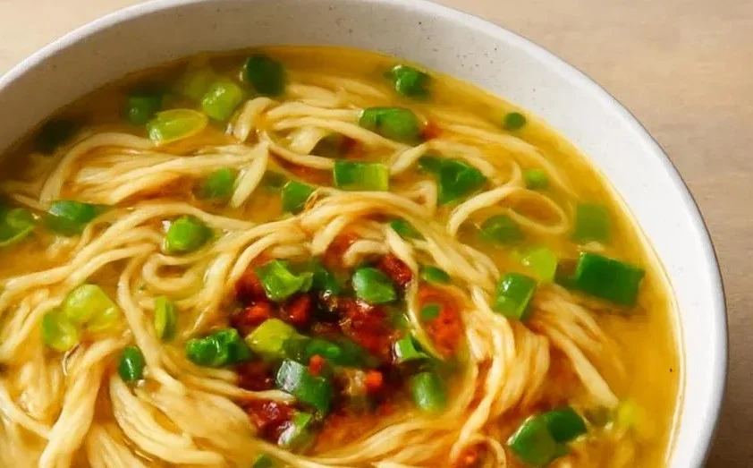 Bowl of classic ginger garlic chicken noodle soup with herbs and noodles.