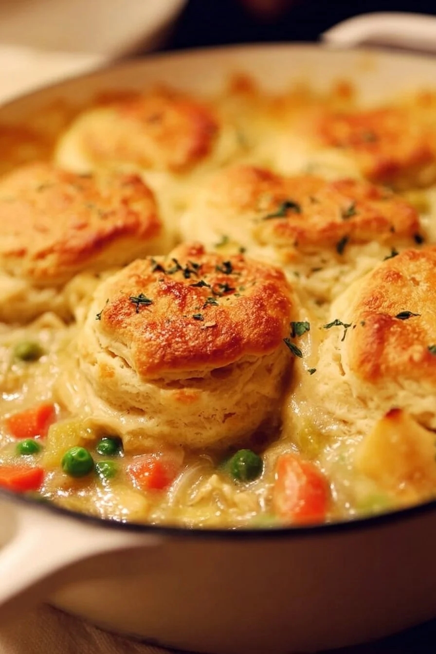Delicious homemade chicken pot pie with fluffy biscuits on top, served warm.