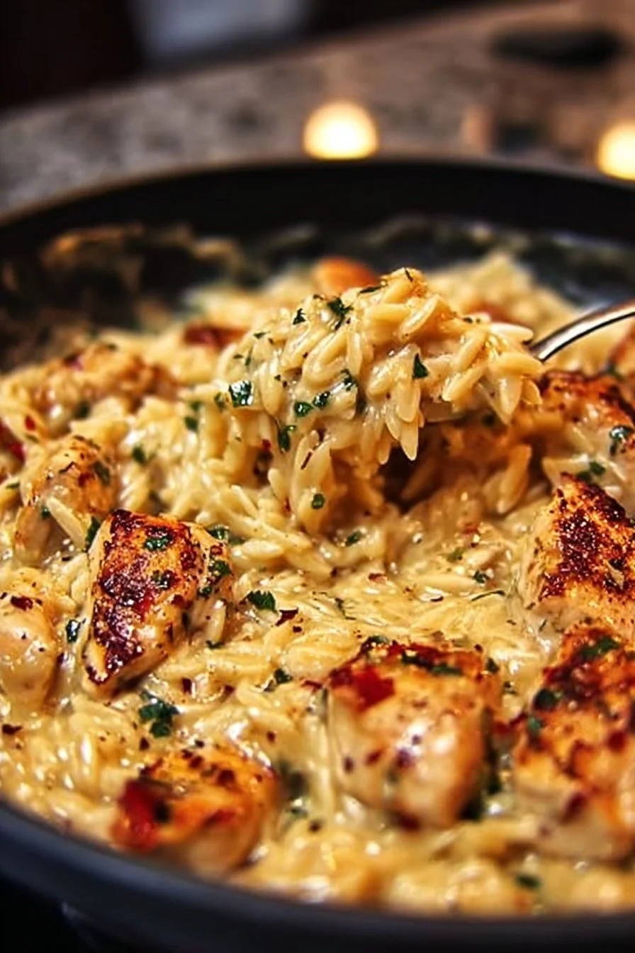 One-Pot Cajun Chicken Alfredo Orzo served in a bowl, ready in 30 minutes.