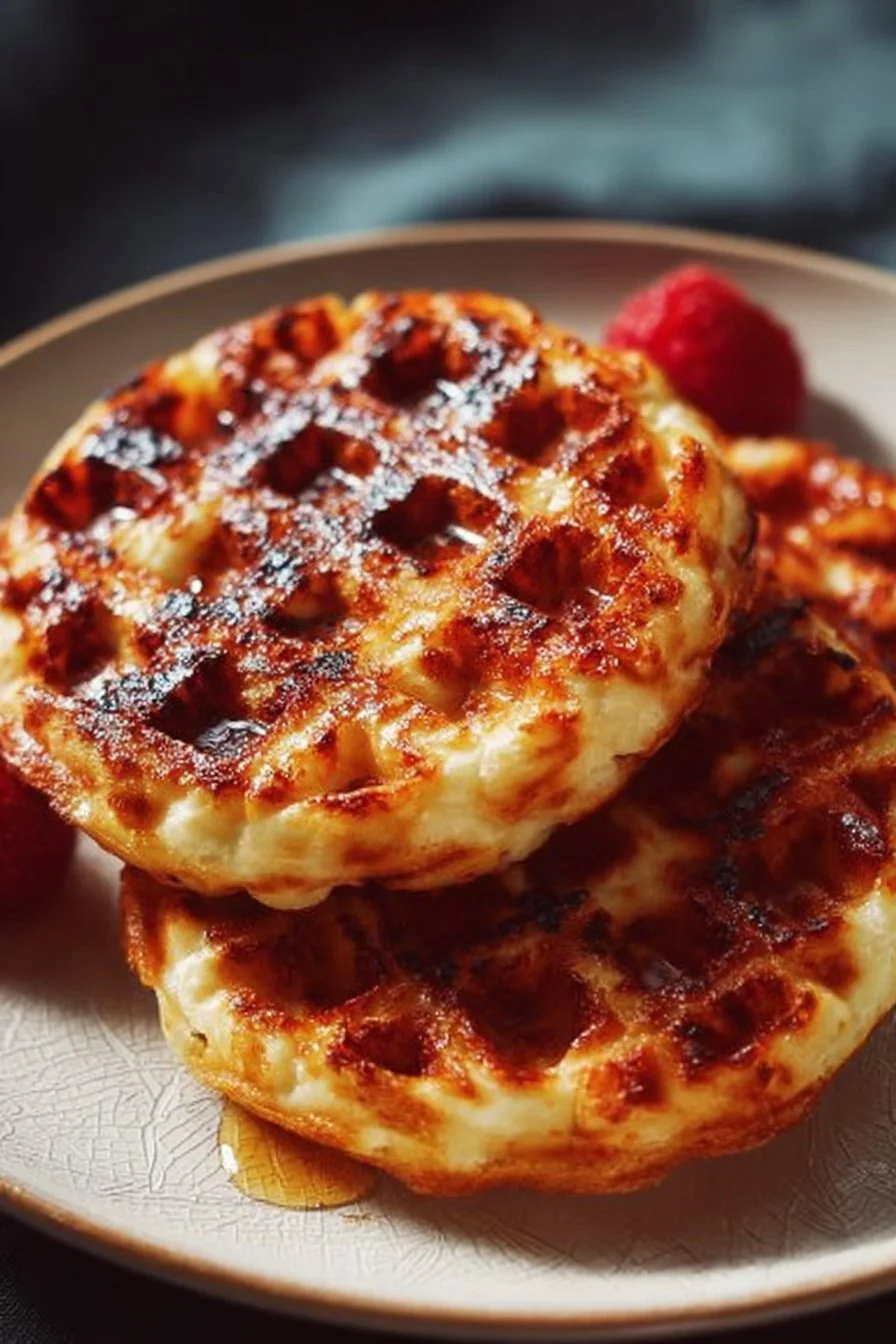 Plate of fluffy cottage cheese chaffles topped with fresh herbs and tomatoes