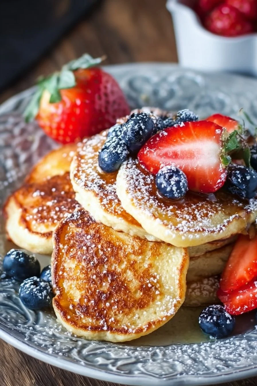Fluffy cottage cheese pancakes stacked on a plate with syrup and berries