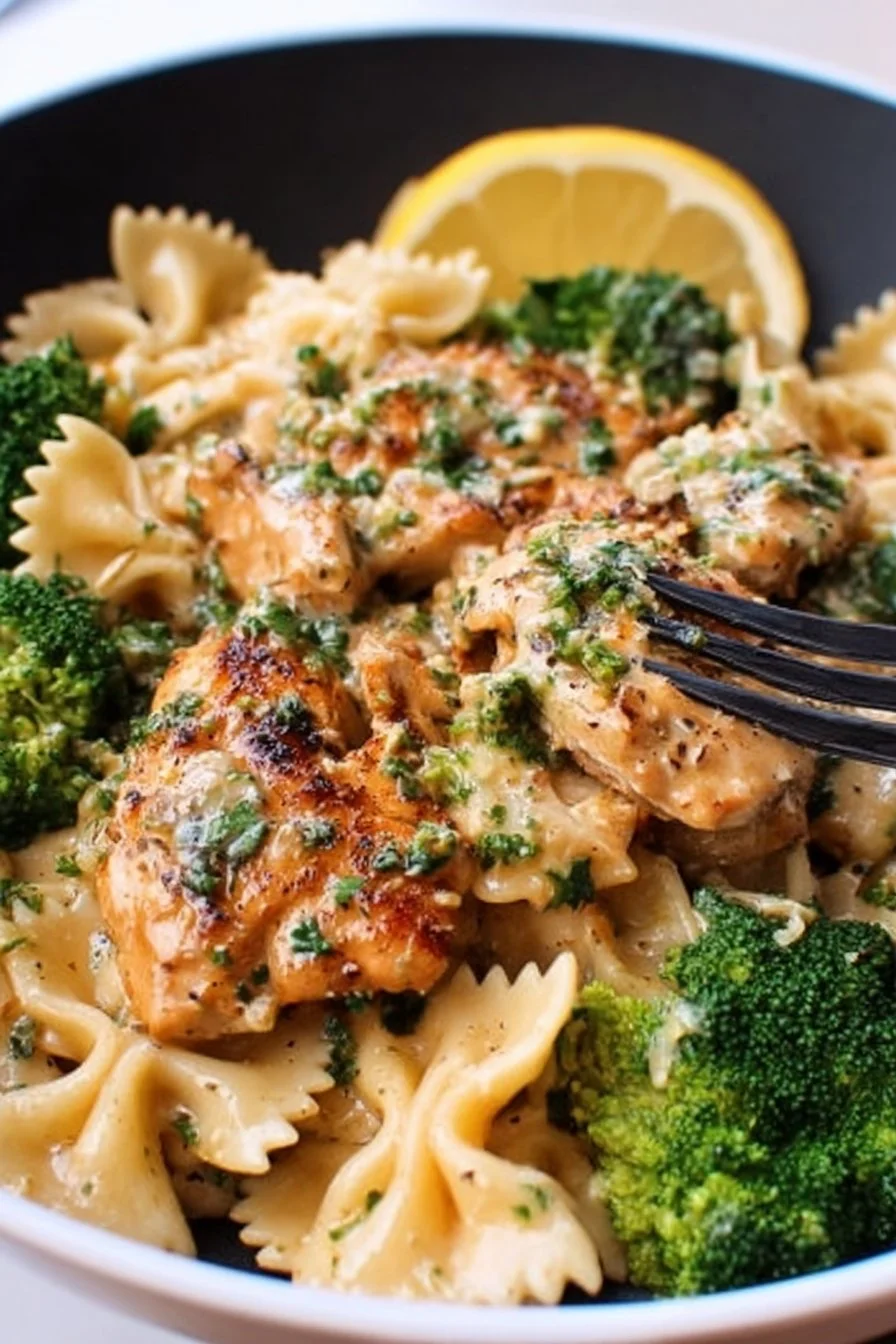 Cowboy Butter Lemon Bowtie Chicken served with broccoli in a vibrant dish.
