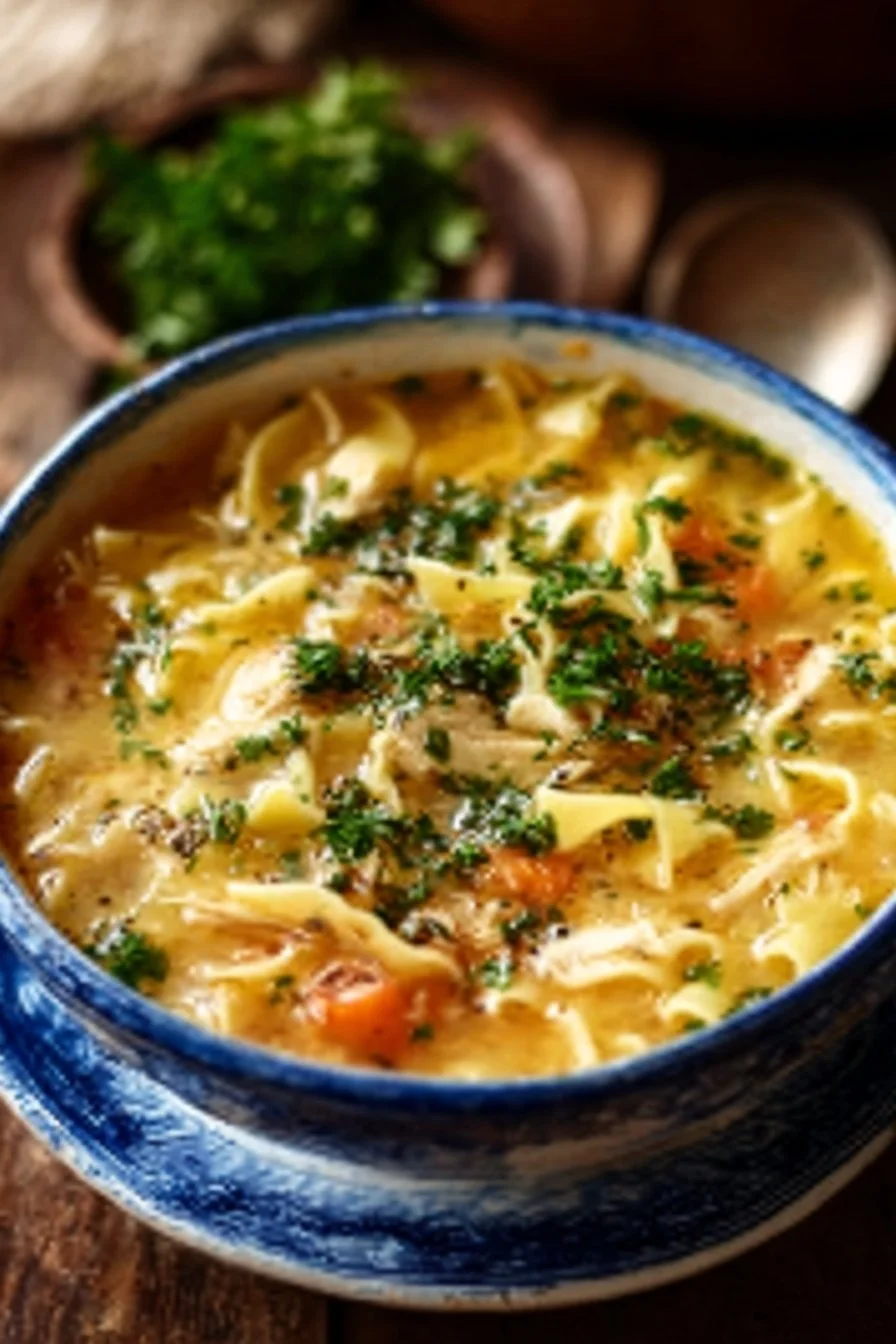 A warm bowl of homemade chicken noodle soup with fresh vegetables and herbs.