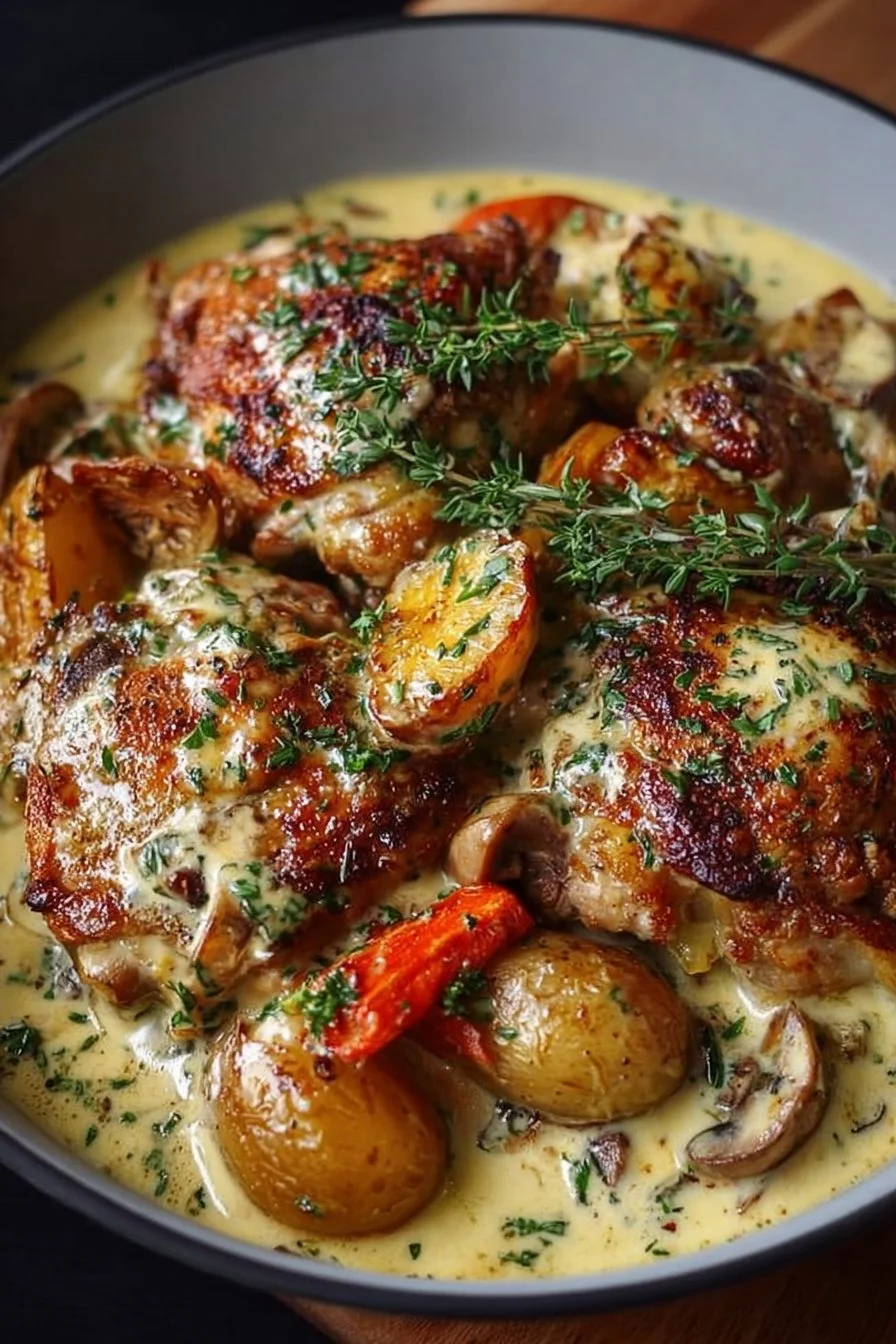 Creamy Baked Dijon Chicken Thighs served on a plate with herbs