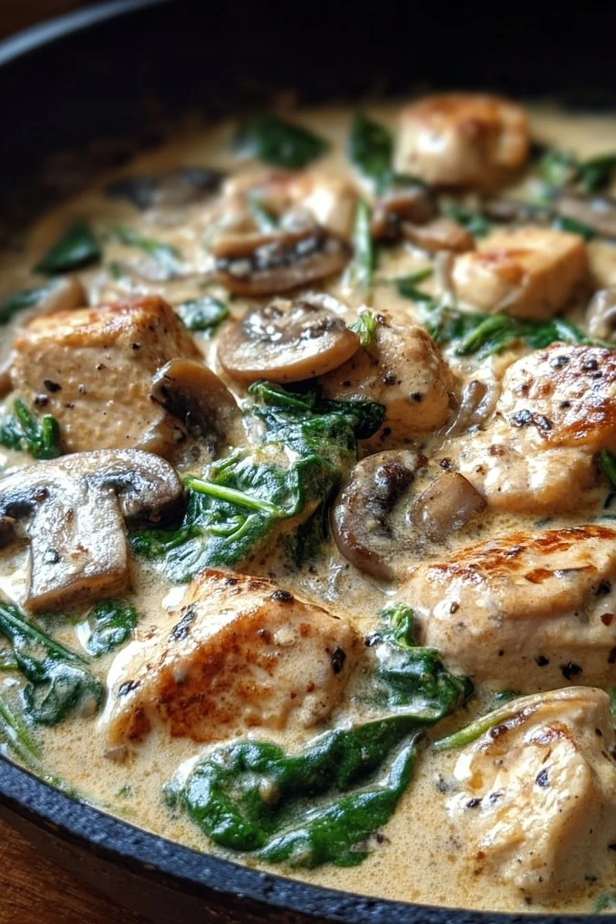 Creamy chicken mushroom spinach skillet cooked in a pan