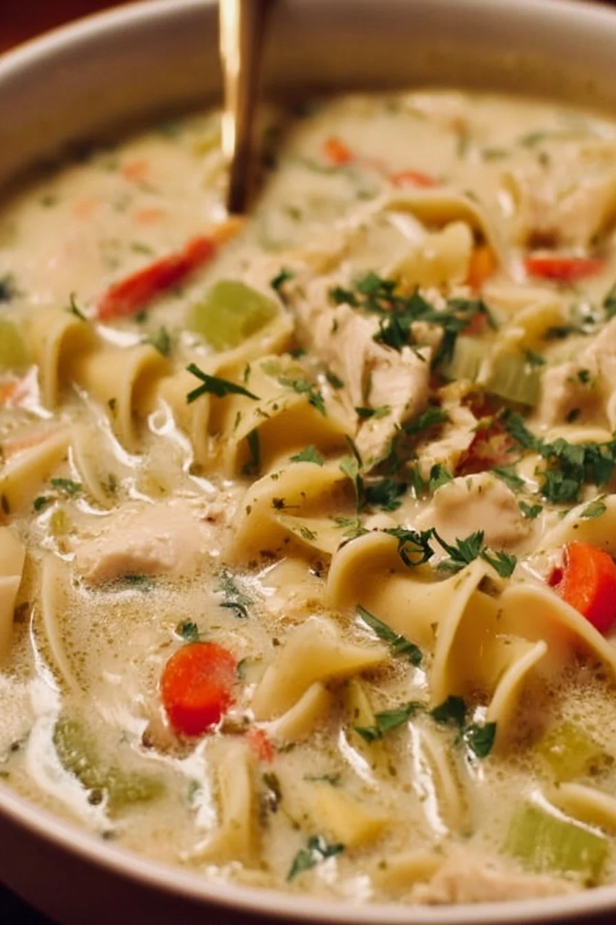Bowl of creamy chicken noodle soup with fresh herbs and noodles