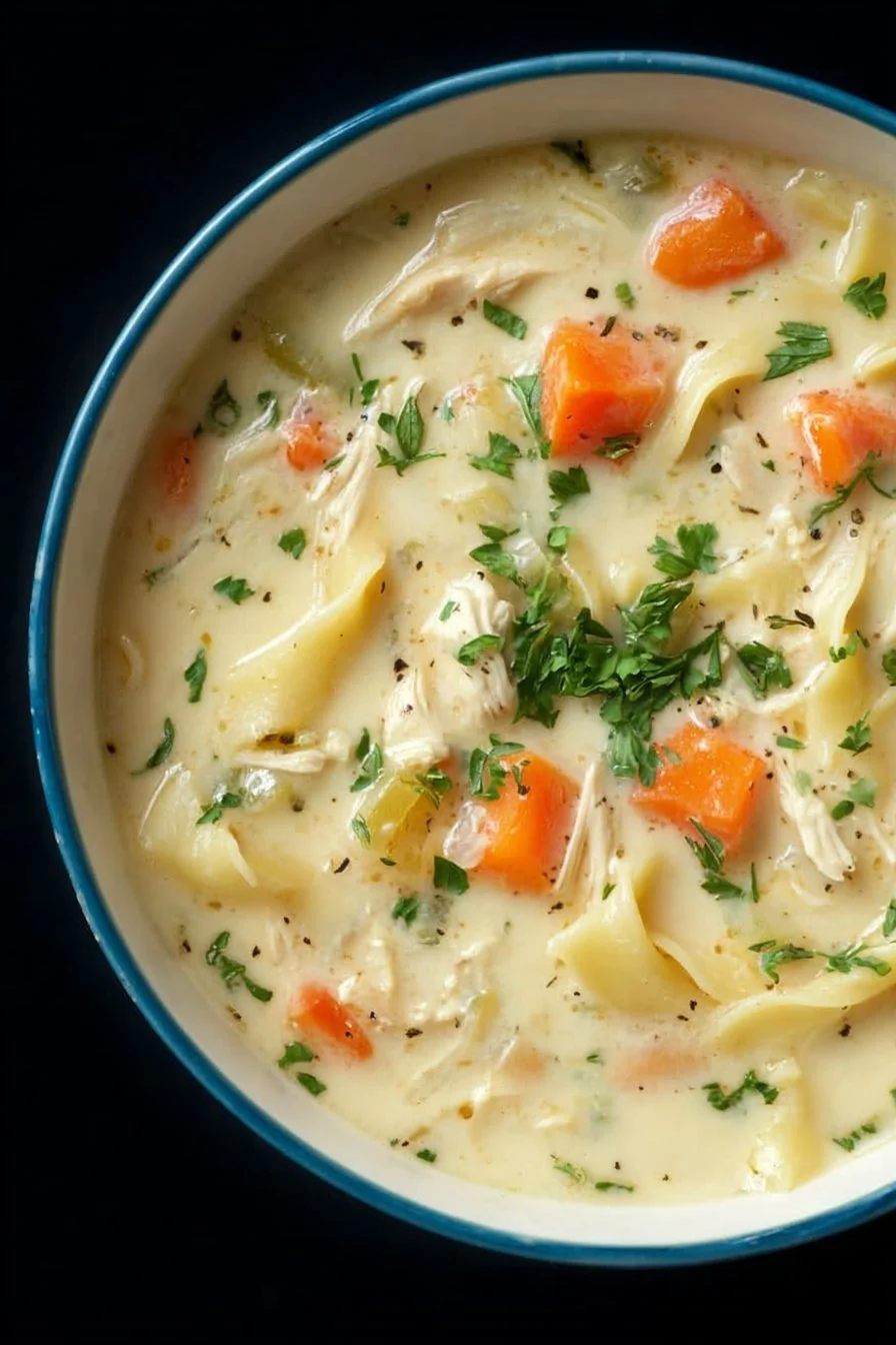 Bowl of creamy chicken noodle soup with vegetables and herbs