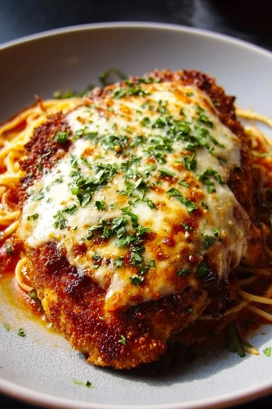 Creamy Chicken Parmesan Recipe 3 Creamy Chicken Parmesan served with pasta and garnished with herbs