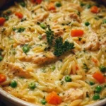 Delicious creamy chicken pot pie orzo served in a bowl with fresh herbs.
