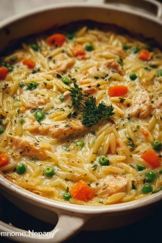 Delicious creamy chicken pot pie orzo served in a bowl with fresh herbs.