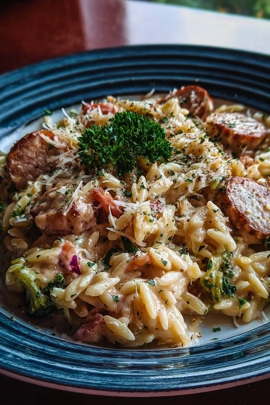 Creamy chicken sausage orzo dish with vegetables and herbs