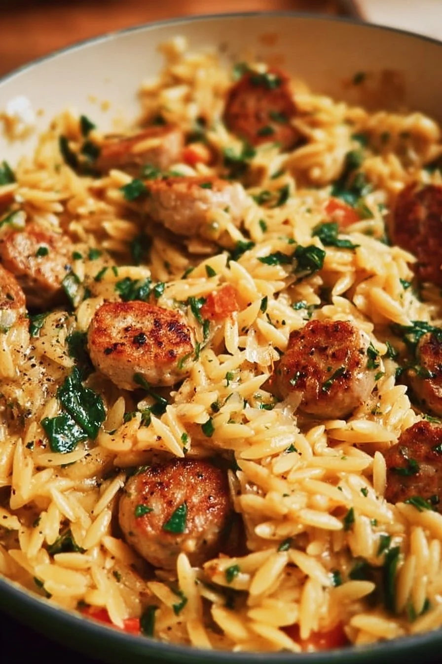 Creamy chicken sausage orzo dish served in a one-pan meal