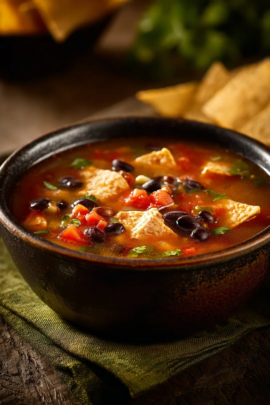 Bowl of creamy chicken tortilla soup topped with tortilla strips and cilantro.