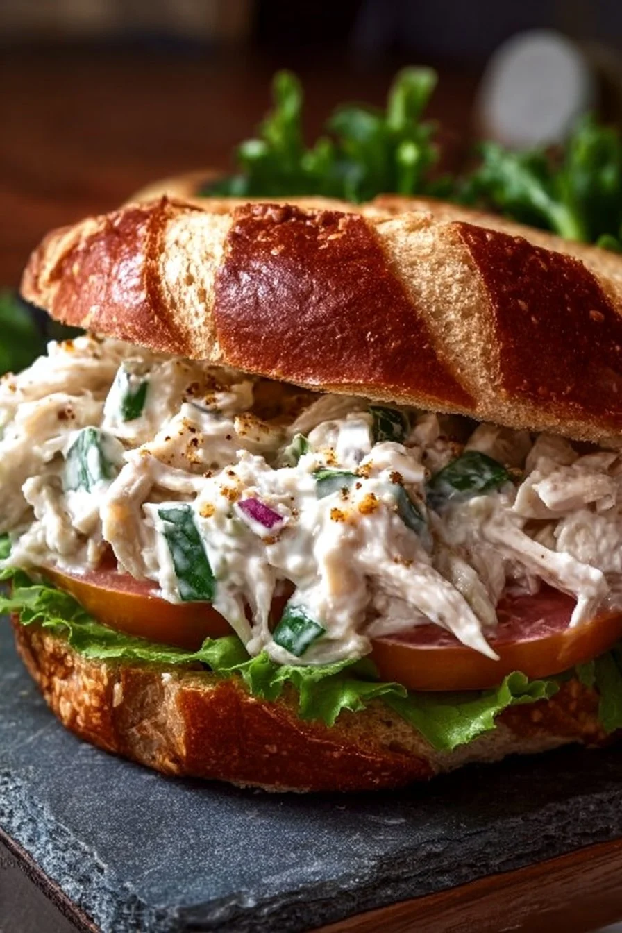 Creamy classic chicken salad sandwich on a plate with fresh ingredients