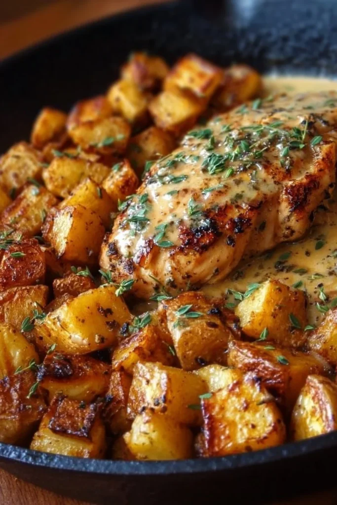 Creamy garlic chicken served with crispy roasted potatoes in a delicious meal