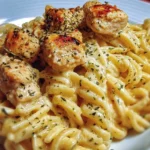 Creamy garlic parmesan chicken pasta dish garnished with herbs.