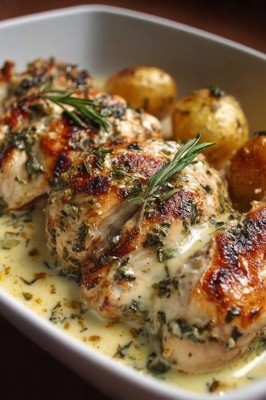 Creamy herb chicken dish with garnished herbs served on a plate