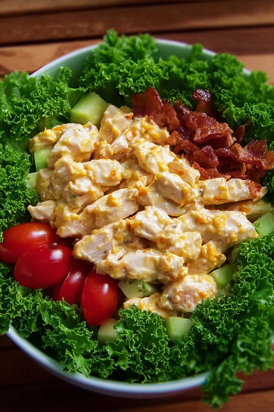 Creamy honey mustard chicken salad served in a bowl with fresh vegetables.