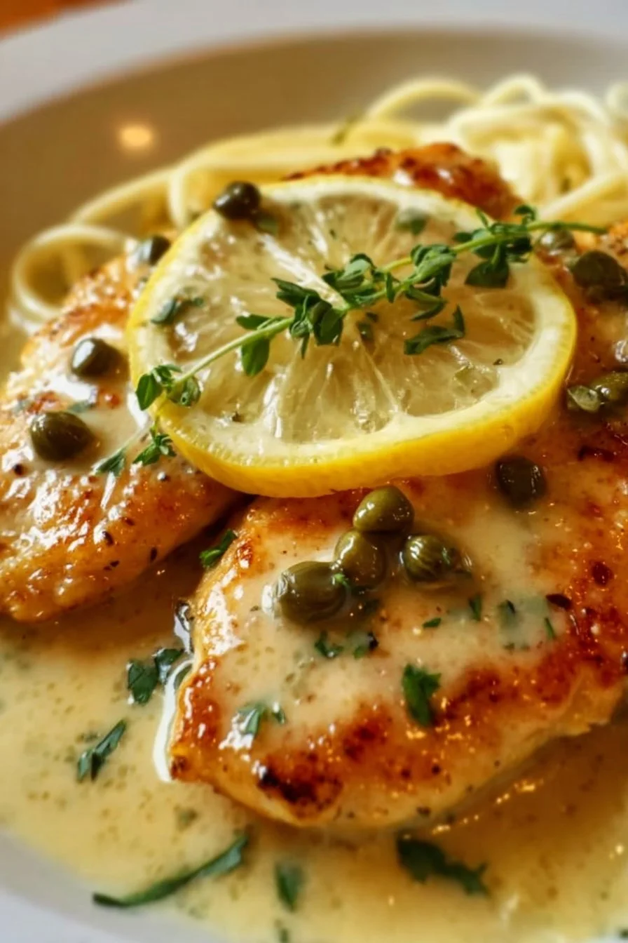 Creamy Lemon Chicken Piccata 3 Plate of creamy lemon chicken piccata topped with parsley and lemon slices