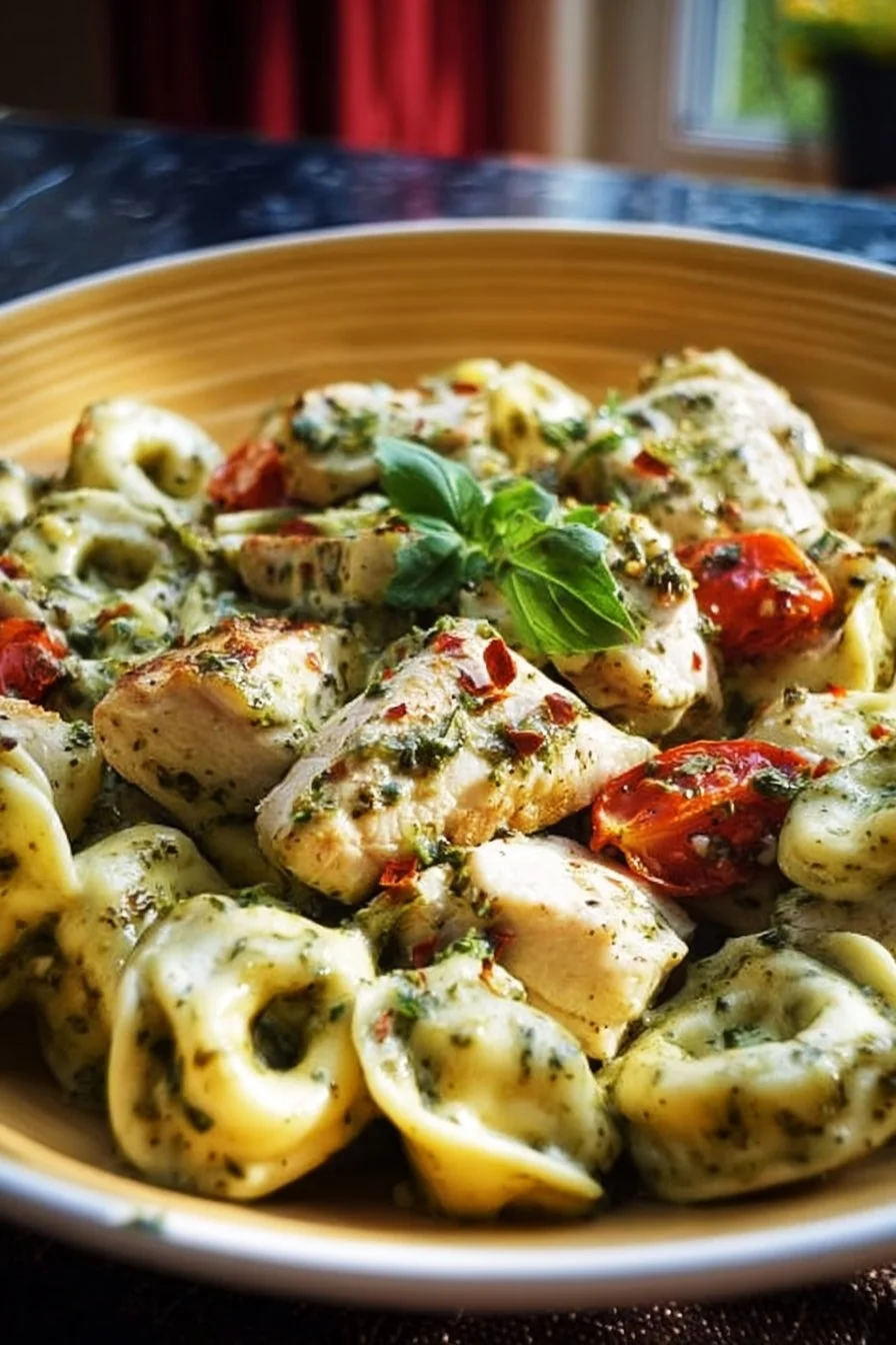 Creamy pesto chicken tortellini served with fresh basil and grated Parmesan