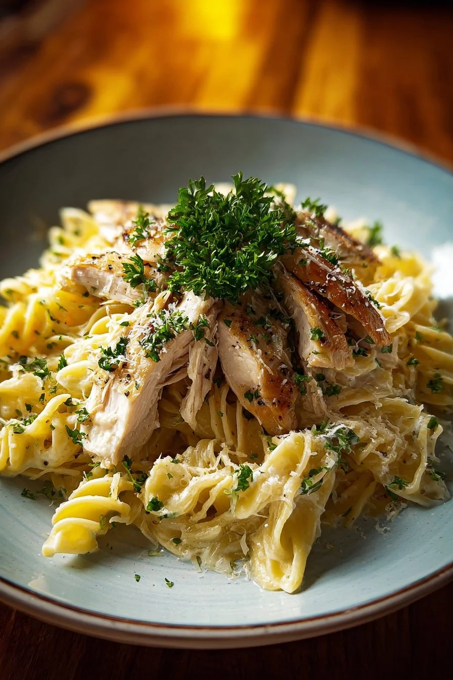 Creamy rotisserie chicken pasta dish with herbs and vegetables