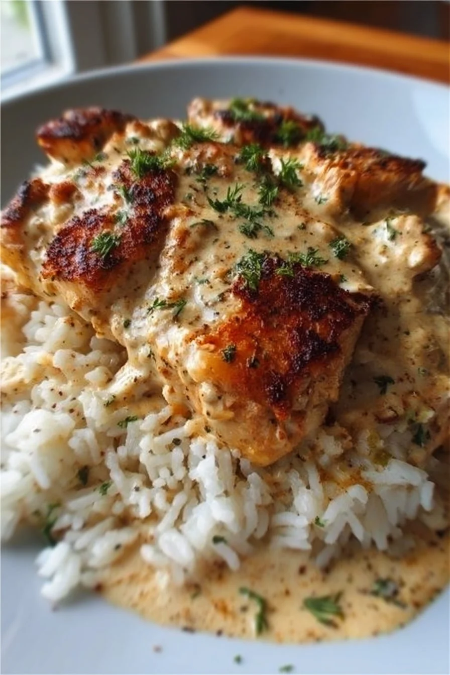 Creamy smothered chicken and rice bake topped with savory sauce