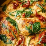 Creamy Tuscan chicken cooked with herbs and cream sauce