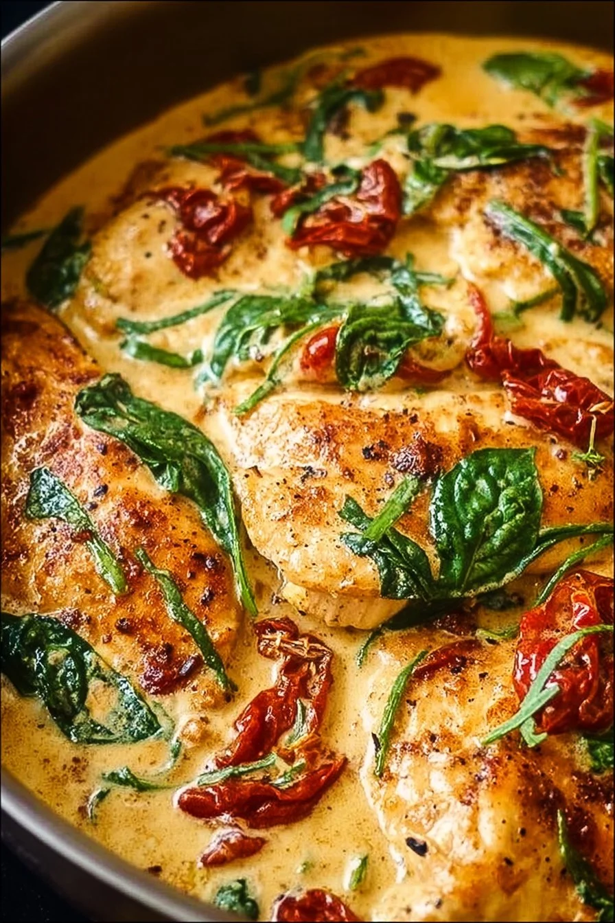 Creamy Tuscan chicken cooked with herbs and cream sauce