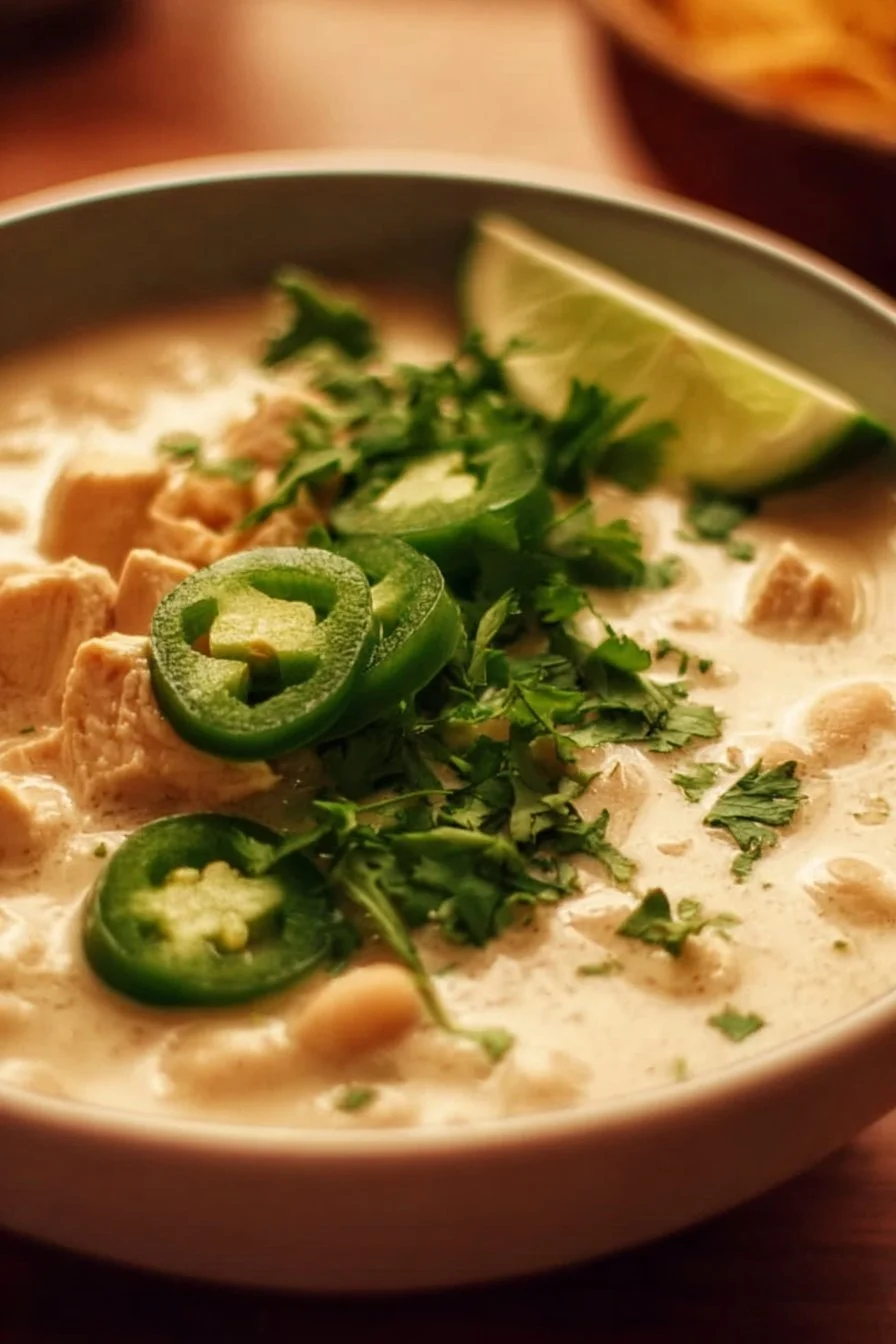 Creamy White Chicken Chili 3 Creamy white chicken chili served in a bowl with garnishes