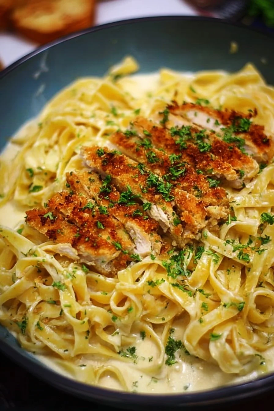 Crispy Chicken Fettuccine Alfredo served in a bowl