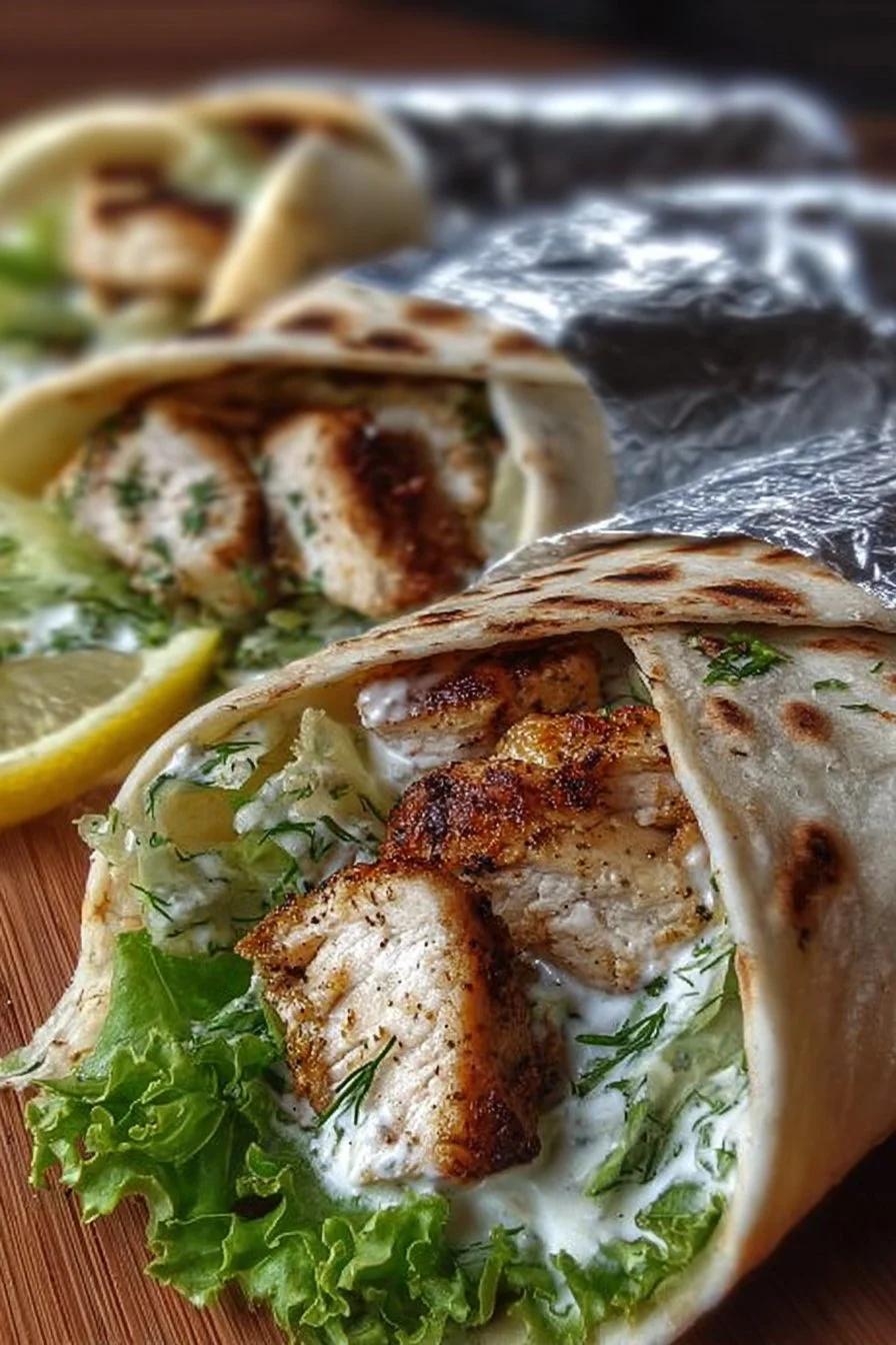 Crispy grilled lemon herb chicken caesar wraps in a fresh tortilla with lettuce and dressing