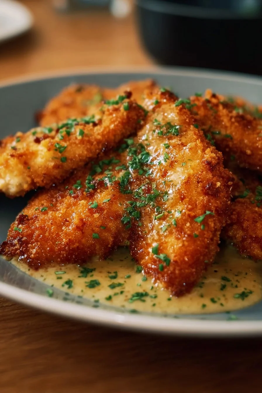 Crispy Parmesan Chicken garnished with garlic sauce on a plate
