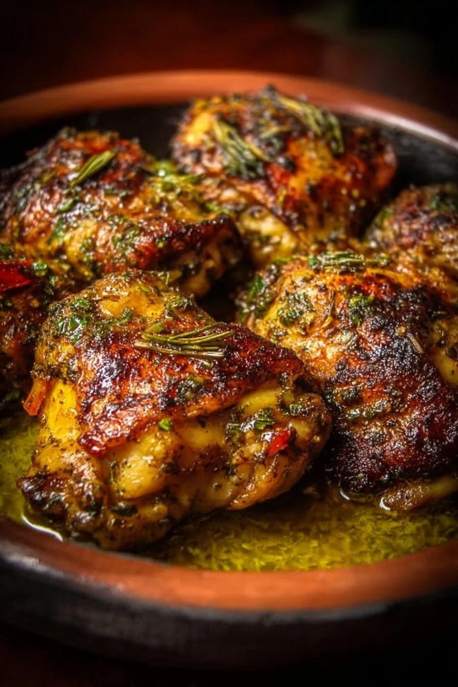 Cuban Mojo Chicken Thighs served with a side of rice and vegetables