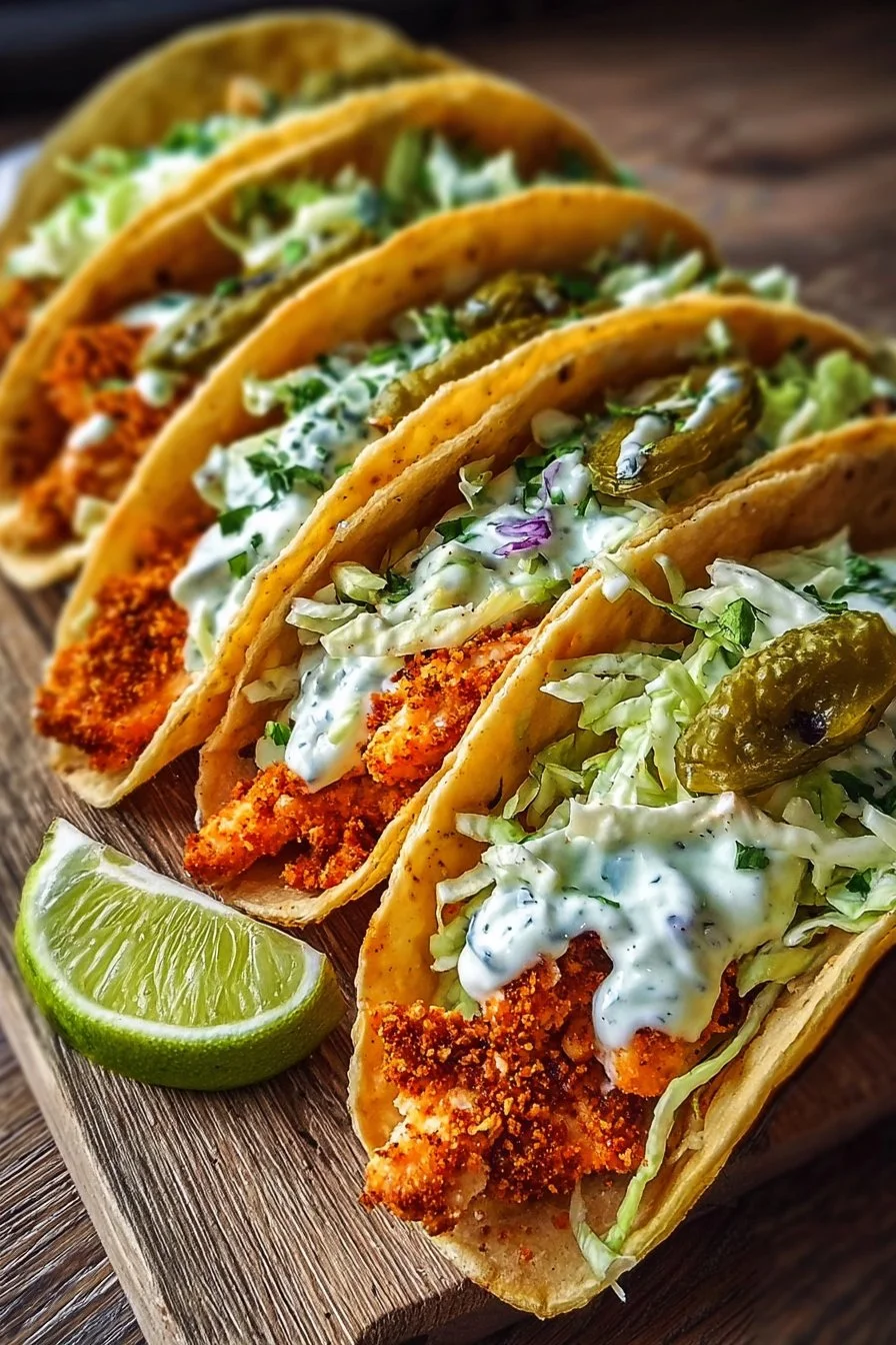 Dill Pickle Ranch Smash Chicken Tacos: A Flavorful Twist 3 Dill Pickle Ranch Smash Chicken Tacos with vibrant toppings and creamy sauce