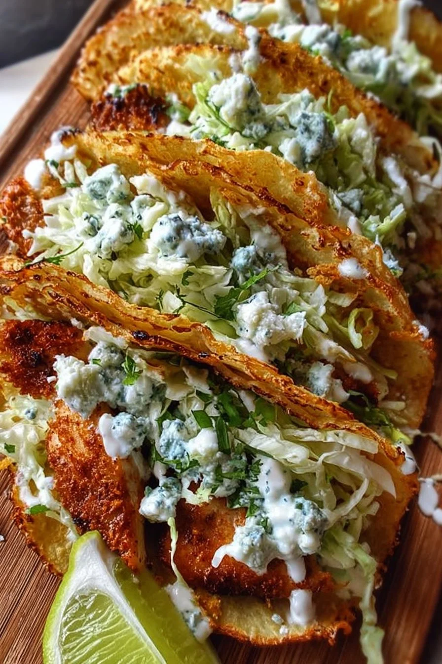 Dill Pickle Ranch Smash Chicken Tacos topped with crispy cheese and pickles.