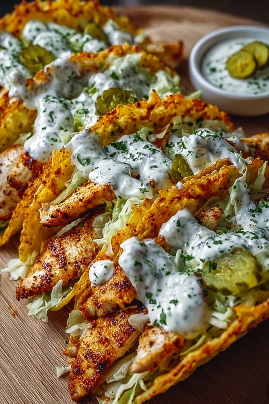 Dill Pickle Ranch Smash Chicken Tacos with Crispy Cheese Lace 2 Dill pickle ranch smash chicken tacos topped with crispy cheese lace on a plate