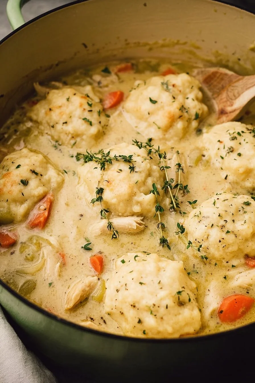 Dutch Oven Chicken and Dumplings served in a bowl with fresh herbs