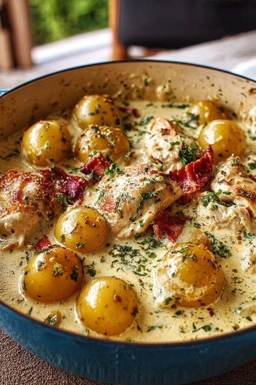 Dutch Oven Creamy Ranch Chicken & Potatoes dish served in a rustic pot