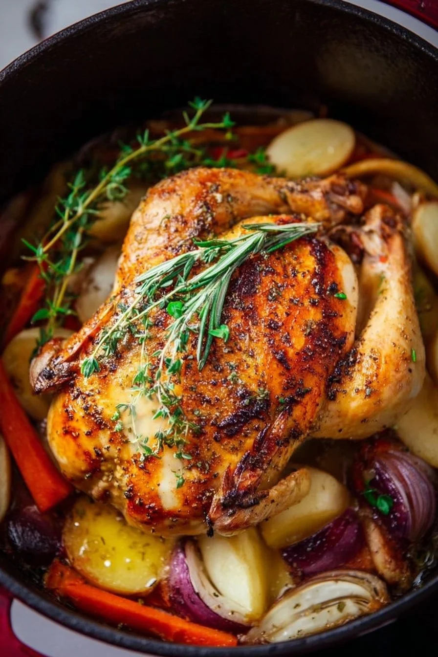Delicious Dutch oven roast chicken with fresh vegetables