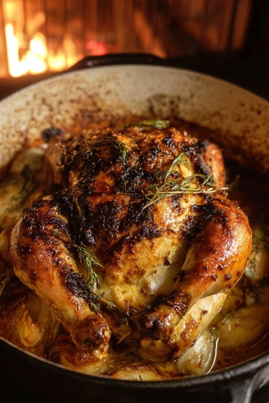 Delicious Dutch Oven Roasted Chicken fresh out of the oven, garnished with herbs.