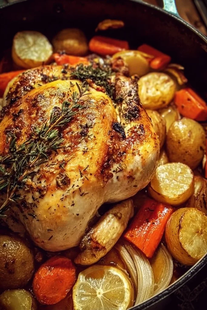 Dutch oven whole chicken with root vegetables served on a plate