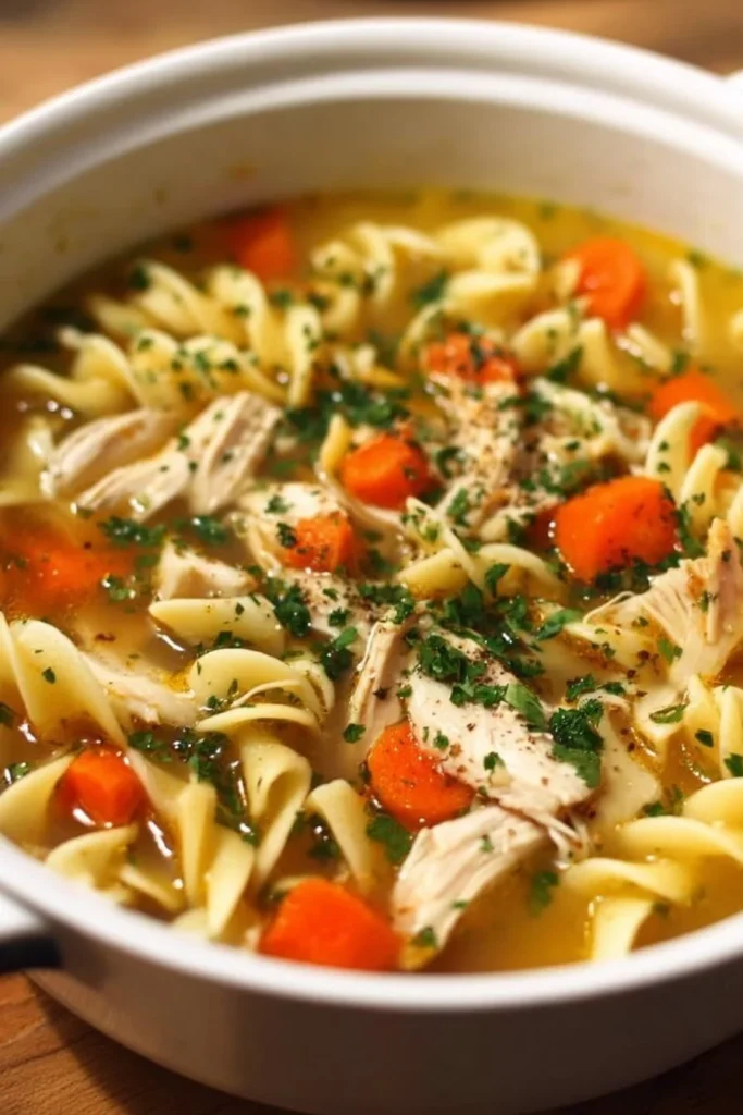 Bowl of easy chicken noodle soup with fresh vegetables and noodles