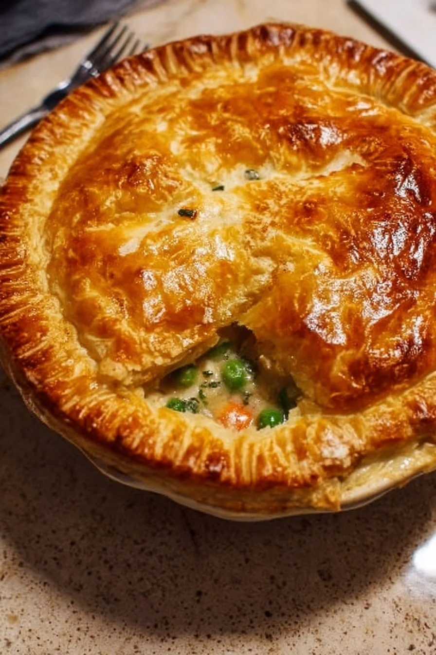 Easy chicken pot pie fresh out of the oven served in a rustic dish