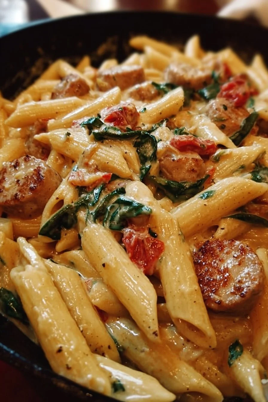 Creamy Tuscan chicken sausage pasta skillet dish garnished with herbs