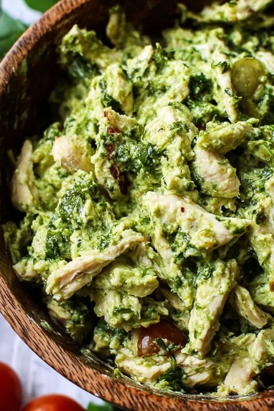 Easy Pesto Chicken Salad 2 Easy pesto chicken salad with fresh ingredients and vibrant colors