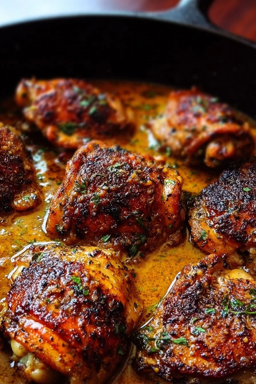 Delicious easy skillet chicken thighs served in a cast iron pan